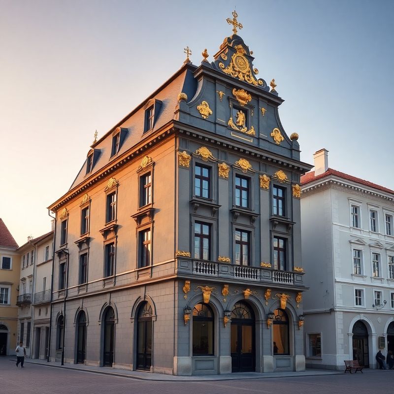 Baroková fasáda budovy na stredoeurópskom námestí v zlatom svetle, antracitový kameň so zlatými ornamentami